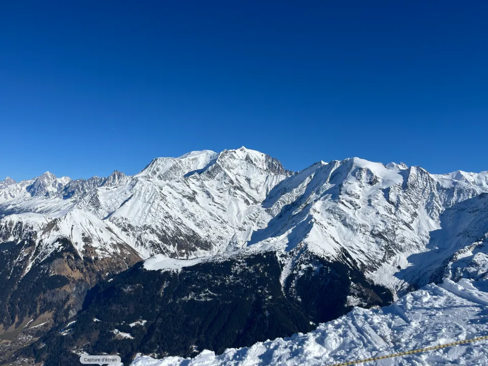 Vue panoramique des montagnes enneigées sous un ciel bleu clair, avec des arbres sombres sur les pentes inférieures.