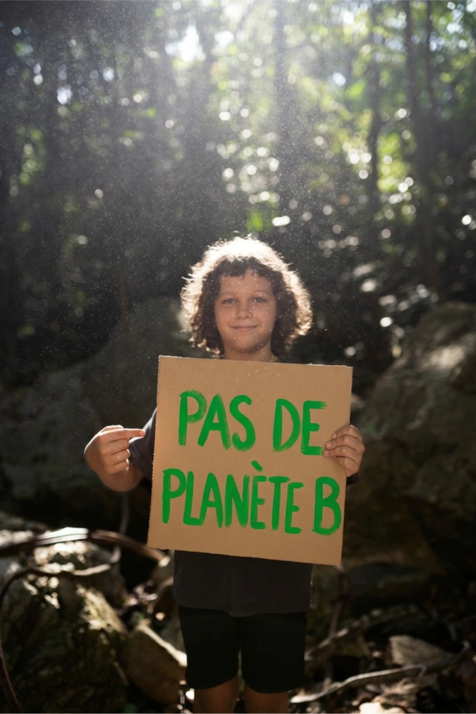 Un enfant souriant avec des cheveux bouclés tient une pancarte marron avec l'inscription "PAS DE PLANÈTE B" écrite en vert.